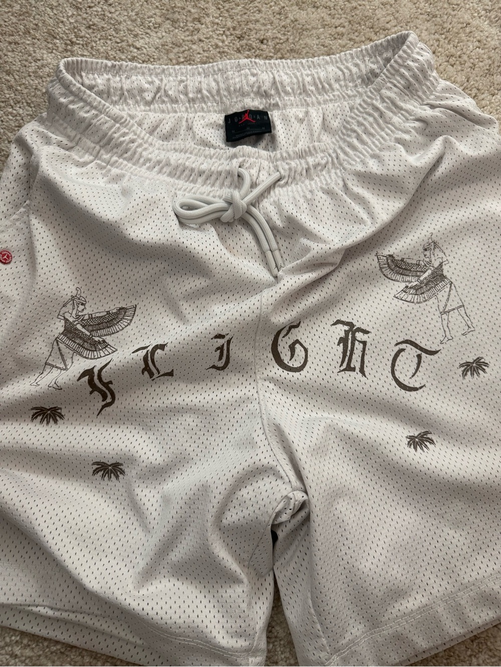 Jordan White Mesh Shorts with Brown 'FLIGHT' Graphic